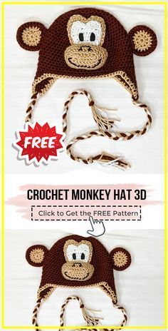 Crochet Monkey Hat, Free Crochet Hat Pattern, Monkey Crochet, Loom Hats, Easy Crochet Hat Patterns, Crochet Character Hats, Crochet Animal Hats, Monkey Hat, Crochet Monkey