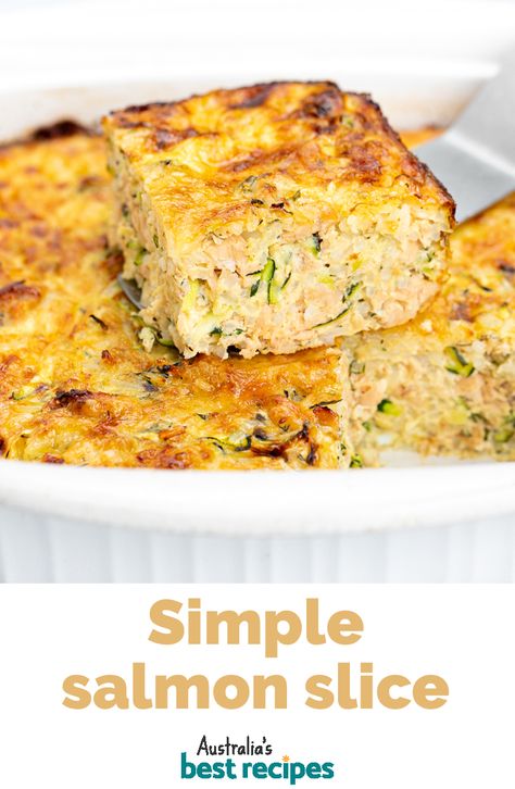 Tuna Slice Recipe, Salmon Slices Recipes, Room Temperature Lunch Ideas, Tinned Salmon Recipes, Salmon Slice, Savoury Slice, Canned Salmon Recipes, Savoury Pies, Canned Fish