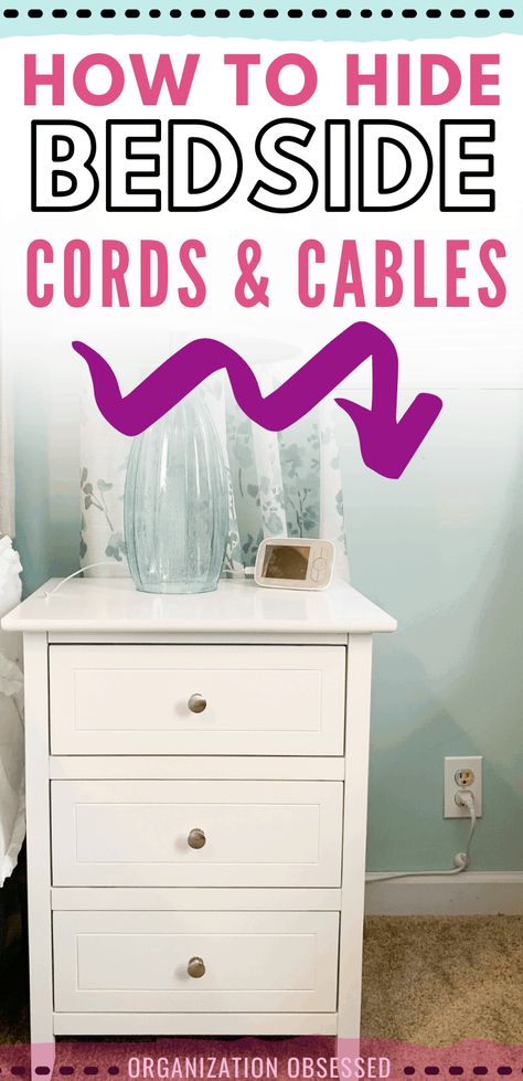 I cannot wait to try this simple trick to hide cords and chargers behind my nightstand. This will be perfect to organize my bedroom and nightstand! Who knew you could hide bedside cords and chargers with cable ties! #organizing #nightstandorganization #hidingcords #cordorganization #hidecables How To Hide Cpap Machine On Nightstand, Cord Management Ideas, Toddler Bedroom Organization, Hiding Cords, Home Organisation Tips, Organized Bedroom, Organisation Tips, Hide Cords, Organizational Skills