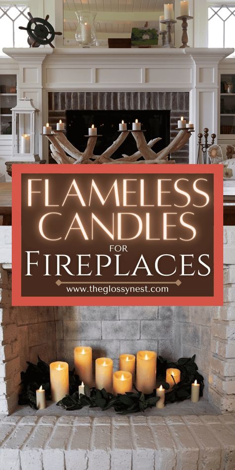 Confused about how to decorate a fireplace with candles? These flameless candles fireplace ideas are perfect to use for non working, non functional, unused, closed, fake, faux, brick or corner fireplaces. Use these fireplace decor ideas with LED pillar candles on top of, over, above or inside your fireplace hearth or mantel. These simple ways to decorate a fireplace with flameless candles are easy to do & look great! Use these ideas for indoor living room fireplaces & outdoor fireplaces too! Fake Candles In Fireplace, Fireplace Candles Inside Hearth, Fake Mantle Ideas, Fireplace Candles Inside, Faux Fireplace Candles, Christmas Fireplace Mantle Decorations, Fireplace With Candles, Simple Mantel Decor, Candles Fireplace