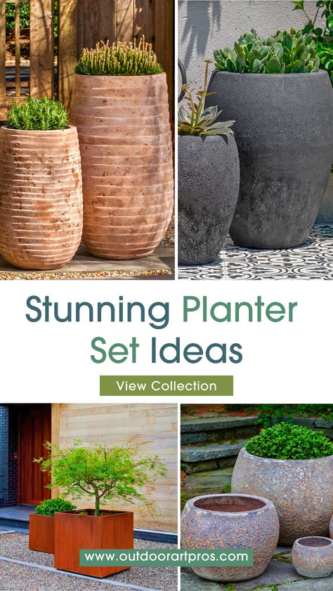 Transform your outdoor living with patio planters and garden decor ideas from Outdoor Art Pros. The Planter Set Collection includes terracotta planters, ceramic options, and modern styles for stunning backyard and porch accents. Planters Backyard, Backyard Planter, Porch Upgrades, Planter Box Ideas, Planters Ceramic, Backyard Planters, Planter Decor, Ceramic Designs, Living Garden