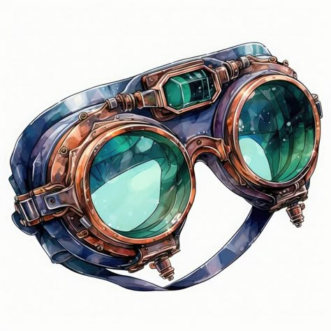 Watercolor Safety Goggles Illustration Generative Ai | Premium AI-generated image Steampunk Goggles Drawing Reference, Sci Fi Glasses Concept Art, Alchemist Goggles, Artificer Goggles, Goggles Character Design, Safety Goggles Drawing, Inventor Design, Anime Goggles, Cyberpunk Goggles