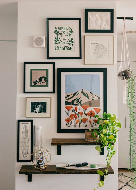 How To Style Frames On Wall, Organize Frames On Wall, Natural Gallery Wall, Gallery Wall Midcentury Modern, Trendy Gallery Wall Ideas, Gallery Wall Contemporary, Casual Gallery Wall, Apartment Frame Decor, Gallery Wall Mix Of Photos And Art