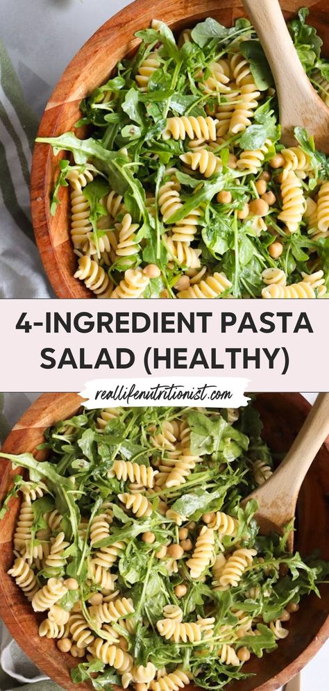 This green salad with pasta is the best arugula pasta salad. Featuring arugula pasta salad with chickpeas, it's easy to make and high fiber. Perfect for what to make for lunch, this vegetarian lunch is a great side dish or no meat lunch. Ideal to prep ahead for busy days! No Meat Lunch, Pasta Salad With Chickpeas, Arugula Pasta Salad, What To Make For Lunch, Pasta Salad Healthy, High Fiber Dinner, Salad With Pasta, Chickpeas Protein, Arugula Pasta