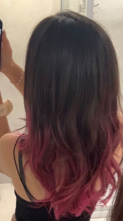 Dark Hair Dyed Pink, Black To Magenta Ombre Hair, Pink Tips Hair Black, Magenta Tips Hair, Dark Brown Hair With Pink Tips, Colored Tips Hair Brunette, Brown And Magenta Hair, Dark Pink Dyed Hair, Pink Ends Hair Black