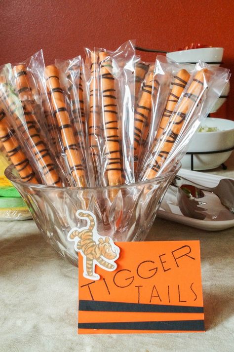 Tigger Tails for Winnie the Pooh Baby Shower Tigger Tails, Pooh Bebe, Football Banquet, Dipped Pretzels, Tiger Tails, Lion King Baby Shower, Lion King Baby, Tiger Birthday, Winnie The Pooh Themes