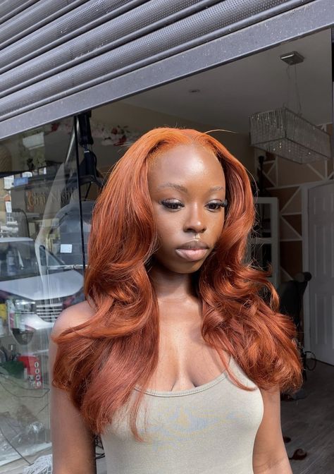 Auburn Wig On Dark Skin, Ginger Hair Black Women Outfit, Dark Ginger And Blonde Hair Black Women, Ginger Hair Black Women Middle Part, Cute Hair Colors For Dark Skin Women, Ginger Wig Dark Skin, Auburn Sew In Black Women, Ginger Brown Hair Black Women Dark Skin, Ginger Hair Sew In