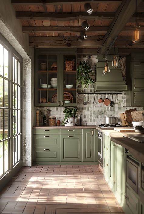 Green Tile Wood Kitchen, Green Wooden Kitchen, Big Farmhouse Kitchen, Open Kitchen Partition Ideas, Kitchen Partition Ideas, Farmhouse Style Kitchen Cabinets, Kitchen Partition, Deck Furniture Layout, Kitchen Cozy