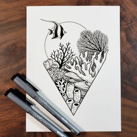 Coral Reef Tattoos For Women, Underwater Coral Drawing, Coral Line Drawing, Aquatic Knee Tattoo, Ocean Reef Tattoo, Drawing Coral Reef, Coral Reef Tattoo Ideas, Reef Tattoo Design, Coral Sketch Drawings