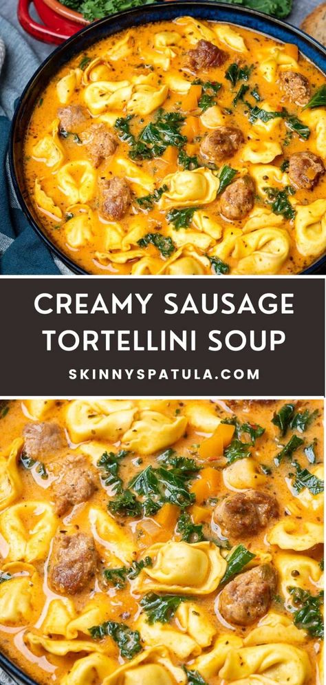 Creamy Sausage and Tortellini Soup Creamy Sausage And Tortellini Soup, Tortellini Soup Crockpot, Creamy Sausage Tortellini Soup, Sausage And Tortellini Soup, Sausage And Tortellini, Crock Pot Tortellini, Cheese Tortellini Soup, Ravioli Soup, Sausage Tortellini Soup