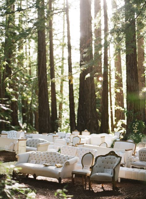 Forest Wedding Ceremony, Wedding Ceremony Seating, Rustic Wedding Decorations, Enchanted Forest Wedding, Outdoor Seating Area, Ceremony Seating, Wedding Outdoor, Vintage Rentals, Wedding Ceremony Decorations