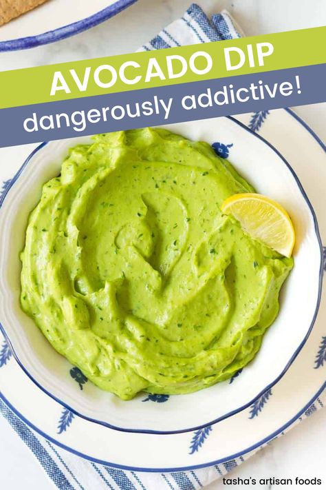 green avocado dip in a white and blue bowl with text overlay Ripe Avocado Recipes, Avacado Dip, Creamy Avocado Dip, Avocado Sauce Recipe, Avocado Dip Recipe, Avocado Recipes Easy, Creamy Avocado Dressing, Creamy Avocado Sauce, Touch Of Spice