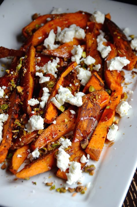 Goat Cheese Pomegranate, Roasted Sweet Potato Wedges, Pomegranate Glaze, Winter Side Dishes, Thighs Chicken, Goat Cheese Recipes, Roasted Sweet Potato, Sweet Potato Wedges, Delicacy Food