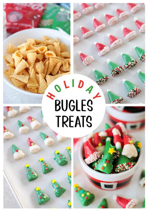 These holiday Bugles treats are so fun to make and the perfect sweet and salty combo. Make Santa hats, elf hats, gnomes, and Christmas trees! Bugle Elf Hats And Trees, Bugle Christmas Hats, Elf Hat Holiday Treats, Elf Hats With Bugles, Elf Hats Bugles, Christmas Goodie Trays, Bugle Santa Hats, Edible Gnomes, Bugle Christmas Treats