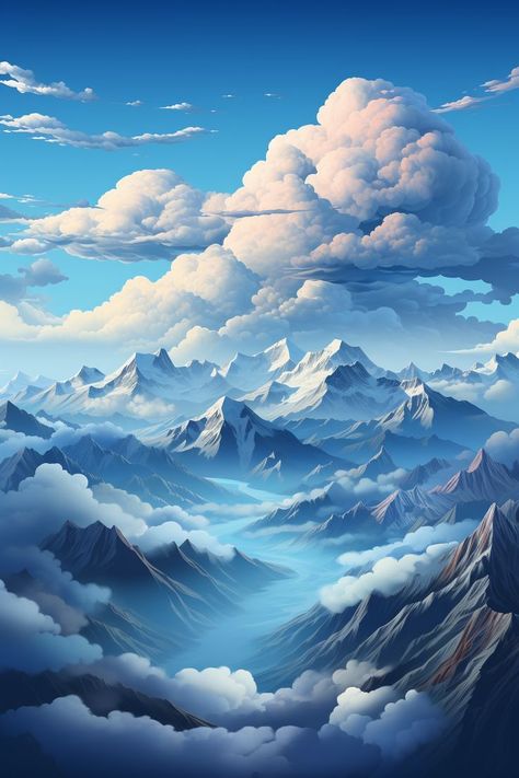 Beautiful mountain range clouds, rolling over them art, dominant teal and blue hues. Cute Digital Art, Mountain Clouds, Digital Art Software, Mountain Background, Graphisches Design, Church Poster Design, Mountain Wallpaper, Cool Backgrounds Wallpapers, Pretty Landscapes