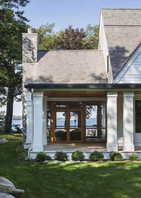 Gorgeous urban lake cottage nestled along White Bear Lake Screened Room, Farmhouse Exterior Design, Building A Porch, Porch Columns, Outdoor Room, Modern Farmhouse Exterior, Lake Cottage, House With Porch, Sunrooms