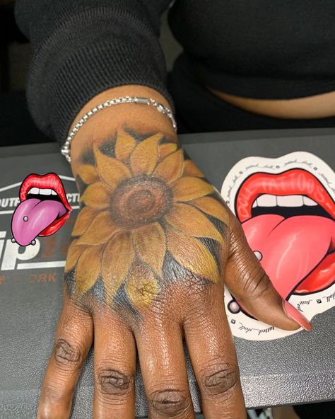 Sunflower Tattoo Dark Skin, Sunflower Neck Tattoos Women, Sunflower Hand Tattoos For Women, Sunflower Tattoo On Hand, Sunflower Hand Tattoo, Apple Pay Cash, Taking Appointments, Arm Sleeve Tattoos For Women, Skull Hand Tattoo