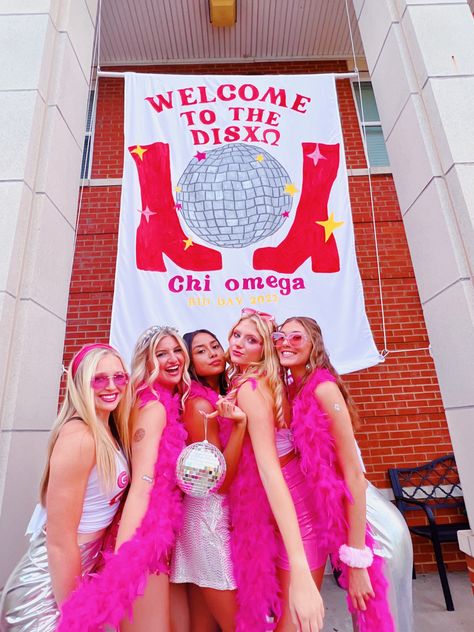 Sorority Disco Bid Day, Disco Bid Day Theme Sorority, Disco Banner Sorority, Welcome To The Disco Bid Day, Disco Theme Bid Day, Disco Sorority Theme, Chi Omega Banner, Disco Bid Day Theme, Sorority Girl Aesthetic