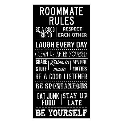 -roommate-rules-canvas-wall-art-by-louise-carey Roomies Quotes, Roommate Ideas, Roommate Quotes, Roommate Chore Chart, Roommate Rules, Hostel Decor, Collage Apartment, College Apartments, College Room Decor