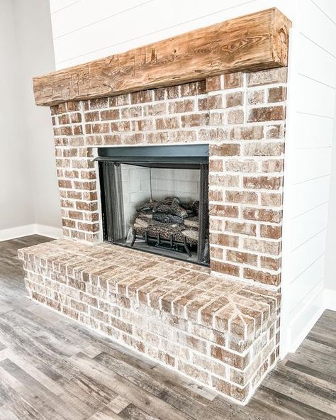 Bricked In Fireplace, Orange Brick Fireplace Makeover, Electric Brick Fireplace Ideas, Cypress Fireplace Mantle, Fireplace Ideas With Bookshelves, Flat Brick Fireplace, Stone Fireplace Inspiration, White Grout Fireplace, Brick Fireplace Modern Farmhouse