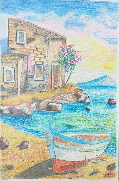 Drawing Ideas Beach, Colour Pencil Art Landscapes, Colored Pencil Art Projects, Color Pencil Sketch, Color Pencil Illustration, Nature Art Drawings, Pencil Artwork, Art Painting Tools, Colored Pencil Artwork