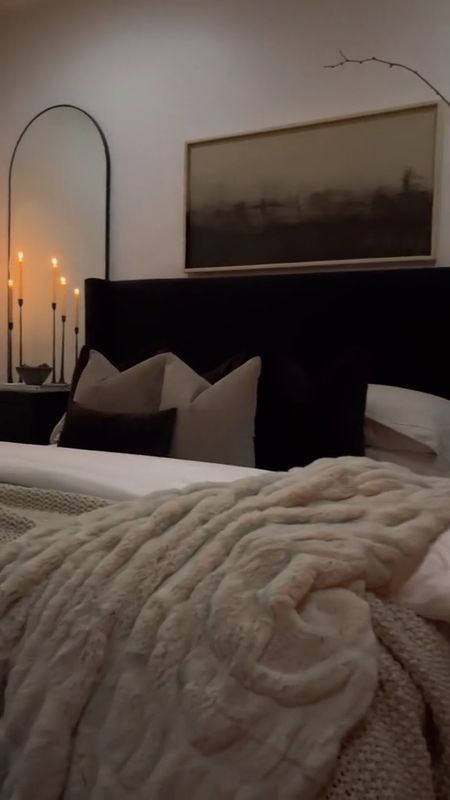 Black Luxe Bedroom, Dark Neutral Bedroom Aesthetic, Beige And Black Bedroom Ideas, Black And Beige Bedroom Ideas, Luxe Bedroom Decor, Beige And Black Bedroom, Restoration Hardware Bedroom, Black Candle Holders, Luxe Bedroom