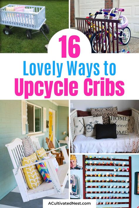 16 Clever Crib Upcycles- Don't let your baby's outgrown crib gather dust! Dive into our collection of ingenious crib upcycle projects that will breathe new life into your old furniture. Save for later and get ready to transform your nursery staple into treasures!| #UpcyclingIdeas #HomeDIY #upcycle #DIY #ACultivatedNest Repurpose Crib Spring, Metal Crib Repurpose, Turn Crib Into Desk, Crib Rail Repurpose, Repurposed Baby Crib, Crib Upcycle Ideas, Repurpose Baby Crib, What To Do With An Old Crib, Pack N Play Repurpose Diy