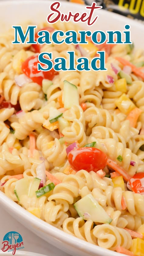 Take your pasta salad game to the next level with this sweet and creamy macaroni salad! Made with a surprising twist—sweetened condensed milk—this recipe blends savory and sweet flavors for a nostalgic dish that's perfect for potlucks, picnics, and family gatherings. Loaded with fresh veggies, cheddar cheese, and a tangy dressing, this salad is a crowd-pleaser every time. 🌿✨ Pasta Salad Recipe With Sweetened Condensed Milk, Sweetened Condensed Milk Pasta Salad, Macaroni Salad With Condensed Milk, Sweet Pasta Salad Recipes, Sweet Pasta Salad, Sweet Macaroni Salad Recipe, Sweet Macaroni Salad, Sweet Pasta Salads, Sweet Pasta