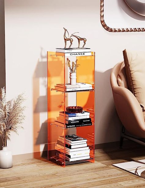 Acrylic Book Stand, Book Shelf Ideas Aesthetic, Corner Book Shelf, Modern Side Table Design, Shoe Rack Ideas, Acrylic Bookshelf, Bookshelf Corner, Narrow Bookshelf, Whimsical Bedroom