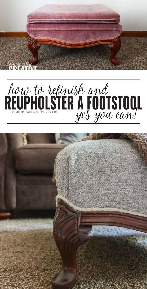 Refinishing an old footstool is feasible even if you've never done anything like it before. It will take some elbow grease and patience, but you can refinish and reupholster a footstool to get a brand new looking piece of furniture! Reupholster Footstool Diy, Footstool Reupholster, Garden Tutorials, Reupholstering Furniture, Thrift Store Upcycle, Reuse Ideas, Furniture Redos, Upcycling Projects, Thrift Store Crafts