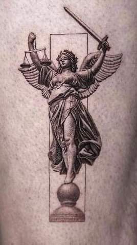 Lady Justice Statue Tattoo, Lady Fortuna Tattoo, Justice Goddess Tattoo, Athena Back Tattoo, Cowboy Outline Tattoo, Angel Of Justice Tattoo, Greek Back Tattoo Women, Statue Of Justice Tattoo, Justice Statue Tattoo