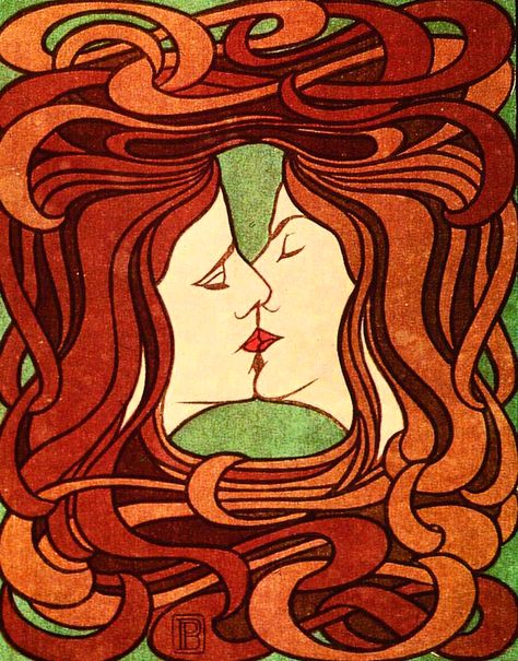 Untitled  ("The Kiss") Peter Behrens [1898]      Original 6-color woodcut  which is framed by flowing red hair, According to Iain Boyd White, "The Kiss depicts a kissing couple, their faces framed and joined by voluptuous Jugendstil curves formed of their own tresses."  German Jugendstil is the German and Austrian equivalent of Art Nouveau. Art Amour, Illustration Art Nouveau, Berlin Museum, Koloman Moser, Design Art Nouveau, Kiss Art, Art Nouveau Poster, Charles Rennie Mackintosh, German Art