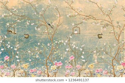 3d wallpaper design with vintage florals on grunge wall for photomural Ancient Wallpaper, 3d Wallpaper Design, Asian Wall Art, Vintage Florals, Chinoiserie Wall, Deco Nature, Vintage Chinoiserie, Bedroom Walls, Chinoiserie Wallpaper