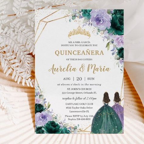 $1.98 | Quinceañera Emerald Green Lilac Floral Twins - quinceañera 15th birthday invitation, elegant girly quinceanera invite, chic whimsical timeless, dark brown brunette fair skin, mis quince 15 anos template, emerald green floral flowers, gold glitter, twins princesses tiara crown, lilac purple lavender roses blooms, twin girls mexican spanish latina Quinceanera Pictures, Elegant Birthday Invitations, Quinceañera Invitation, Butterfly Invitations, Silver Invitation, Invitation Elegant, Quince Ideas, Elegant Birthday, Quinceanera Invitations