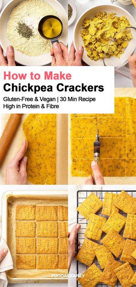 If you’re looking for a nutritious alternative to store-bought wheat crackers, these homemade chickpea crackers with gram flour are a healthy, gluten-free nibble ready in 30 minutes. Flavoured with olive oil and thyme! Gluten Free Gram Crackers, What To Make With Chickpea Flour, Gf Crackers Recipe, Vegan Ritz Cracker Recipes, Dehydrator Cracker Recipes, Gluten Free Crackers Recipe Easy, Lentil Crackers Recipe, Chickpeas Flour Recipes, Raw Vegan Crackers