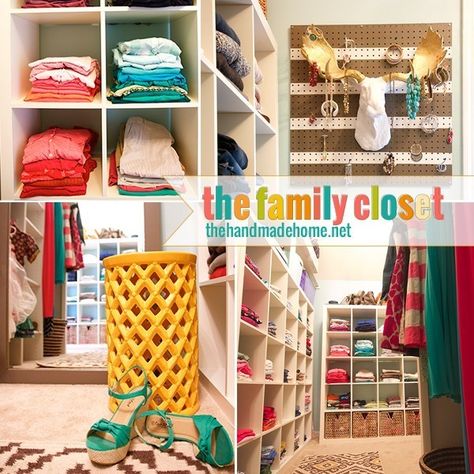 the_family_closet Jewelry Pegboard, Ikea Bookcases, Family Closet, Closet Redo, Family Clothes, Ikea Expedit, Huge Closet, Laundry Room Closet, Wire Shelves