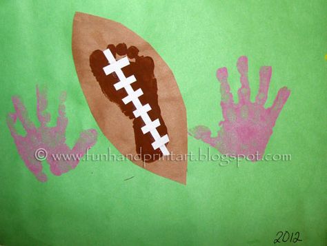 football crafts for preschoolers - Google Search Football Infant Art, Football Crafts For Infants, Sports Crafts For Infants, Football Footprint Craft, Football Crafts For Toddlers, Superbowl Crafts, Infant Projects, Art Fingerprint, Art For Toddlers