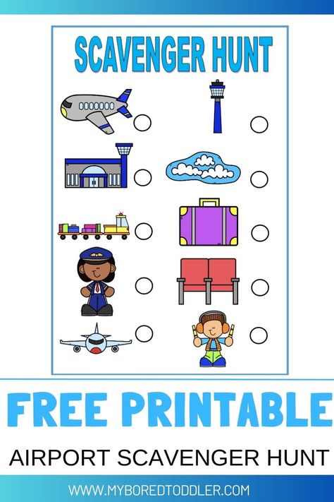 A fun free printable airport themed scavenger hunt for toddlers & preschoolers. Airport Scavenger Hunt, Scavenger Hunt For Toddlers, Toddler Scavenger Hunt, Easy Toddler Activities, Fun Activities For Toddlers, Easy Toddler, Games For Toddlers, Activities To Do, Scavenger Hunt