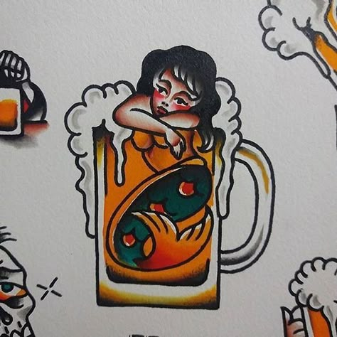 Pinup mermaid in a beer glass. Traditional tattoo style. Flash Art Tattoos, Beer Tattoos, Art Flash, Traditional Style Tattoo, Sailor Jerry Tattoos, Tattoo Old School, Tattoo Zeichnungen, Traditional Flash, Tattoos Geometric