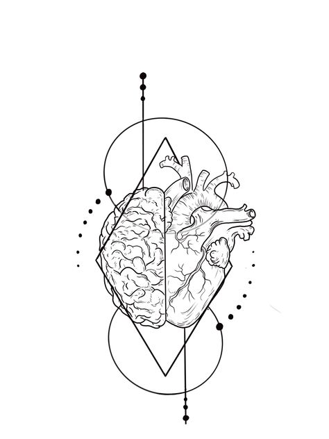 Geometric Brain Tattoo, Cute Simple Minimalist Tattoos, Wise Mind Tattoo, Heart Mind Soul Tattoo, Head And Heart Balance Tattoo, Philosophy Drawing Art, Heart And Mind Tattoo, Therapist Tattoo, Geometric Back Tattoo