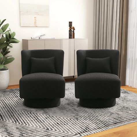 Latitude Run® 23.8" W Polyester Swivel Barrel Chair | Wayfair Black Accent Chairs, Black Swivel Chair, Black Accent Chair, Wooden Console Table, Wooden Console, Reading Area, Swivel Barrel Chair, Kids Table, Boucle Fabric