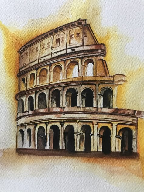 Watercolor Rome Italy, The Colloseum Drawing, Italy Drawing Sketch, Italy Colloseum, Coffee Painting Ideas, Landmark Drawing, Italy Drawing, Country Drawings, University Journal