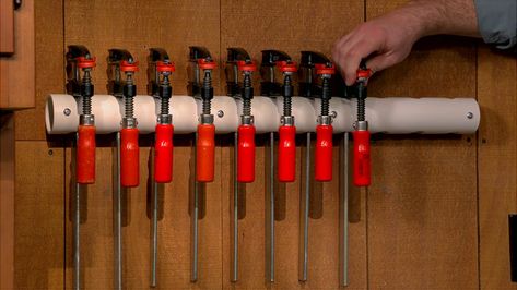 Clamp storage doesn't have to be expensive or overly complicated. In fact, you can make a simple clamp rack with a PVC pipe mounted to the wall. Bar Clamp Storage Ideas, Clamp Storage Ideas, Pipe Clamp Storage, Clamp Storage Rack, Pvc Pipe Storage, Tool Wall Storage, Clamp Rack, Clamp Storage, Garage Workshop Layout