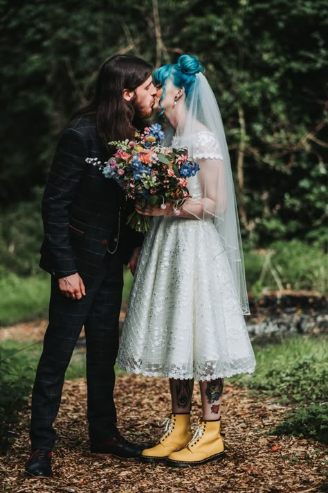 Glam Rock Wedding Dress, Non Traditional Wedding Outfit The Bride, Dr Martens Wedding Dress, Wedding Dress And Doc Martens, Rock And Roll Wedding Dress, Wedding Dress With Doc Martens, Rock N Roll Wedding Dress, Tomboy Bride, Grunge Wedding Dress