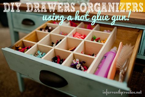 DIY Ideas | Organization | Create your own custom drawer organizers using a hot glue gun! Diy Drawer Organizer, Drawer Organization, Diy Drawers, Organisation Hacks, Set Of Drawers, Drawer Dividers, Crafting Supplies, Drawer Organizers, Craft Room Organization