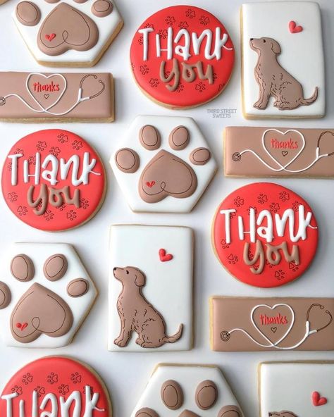 German Shepherd Royal Icing Cookies, Cookies Shaped Like Dogs, Pawprint Cookies Decorated, Veterinary Cookies Decorated, Dog Cutout Cookies, Cookies For Veterinarian, Vet Thank You Cookies, Vet Tech Cookies Decorated, Dog Theme Cookies Decorated