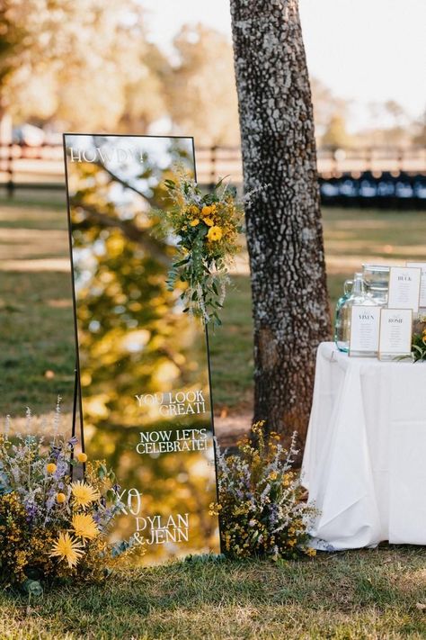 A casual yet elevated disco cowboy wedding ceremony in Kansas City at Saddle and Sirloin Horse Ranch. Cowboy Wedding Decor, Cowboy Wedding Decorations, Disco Cowboy, Wedding Reception Fun, Elegant White Dress, Cowboy Wedding, Wedding Ceremony Backdrop, Reception Details, Kansas City Wedding