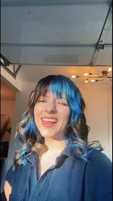 Partial Blue Hair, Shag Hair Color, Brown Hair With Dyed Underlayer, Color Shag Hair, Color Mullet Hair, Shag Dyed Hair, Ombre Mullet, Colorful Shag Hair, Mullet Blue Hair