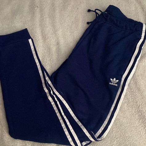 Navy, Adidas Originals Sweatpant, Signature 3-Stripe Details On Side, Navy Color, Size Small But Slightly Oversized Fit. New Without Tags Adidas Blue Sweatpants, Aero Sweatpants, Depop Ideas, Blue Adidas Pants, Adidas Sweatpants Outfit, Adidas Jumpsuit, Adidas Clothes, Navy Blue Sweatpants, Navy Sweatpants