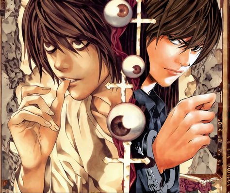 Light And L, Orange Moodboard, L Deathnote, Beyond Birthday, Takeshi Obata, Manga Wallpaper, L Lawliet, Notes Art, Light Yagami